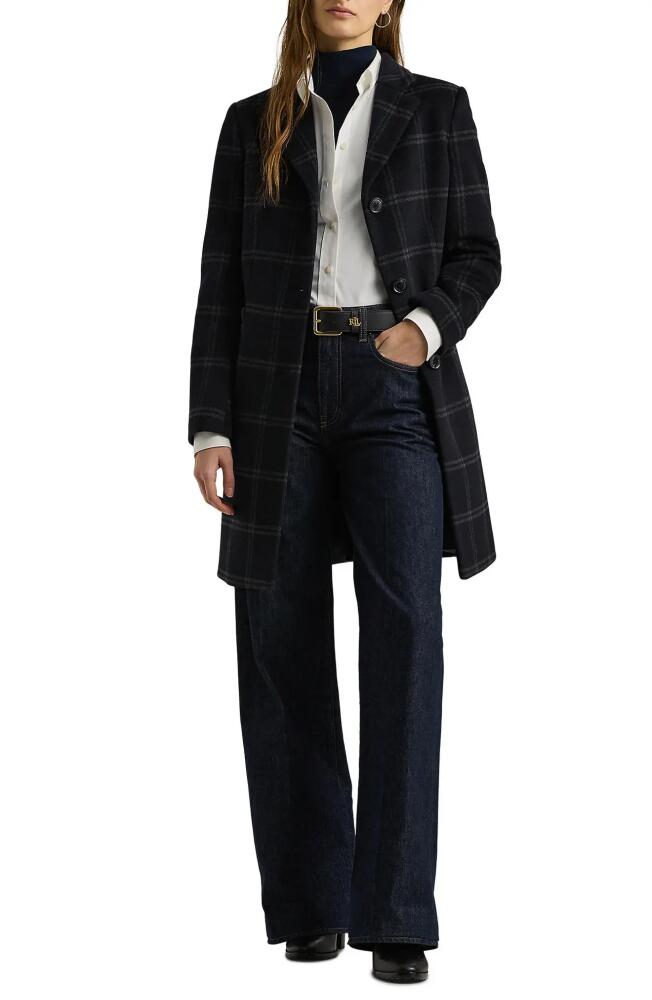 Lauren Ralph Lauren Windowpane Check Wool Blend Reefer Coat in Navy/Grey Windowpane Cover