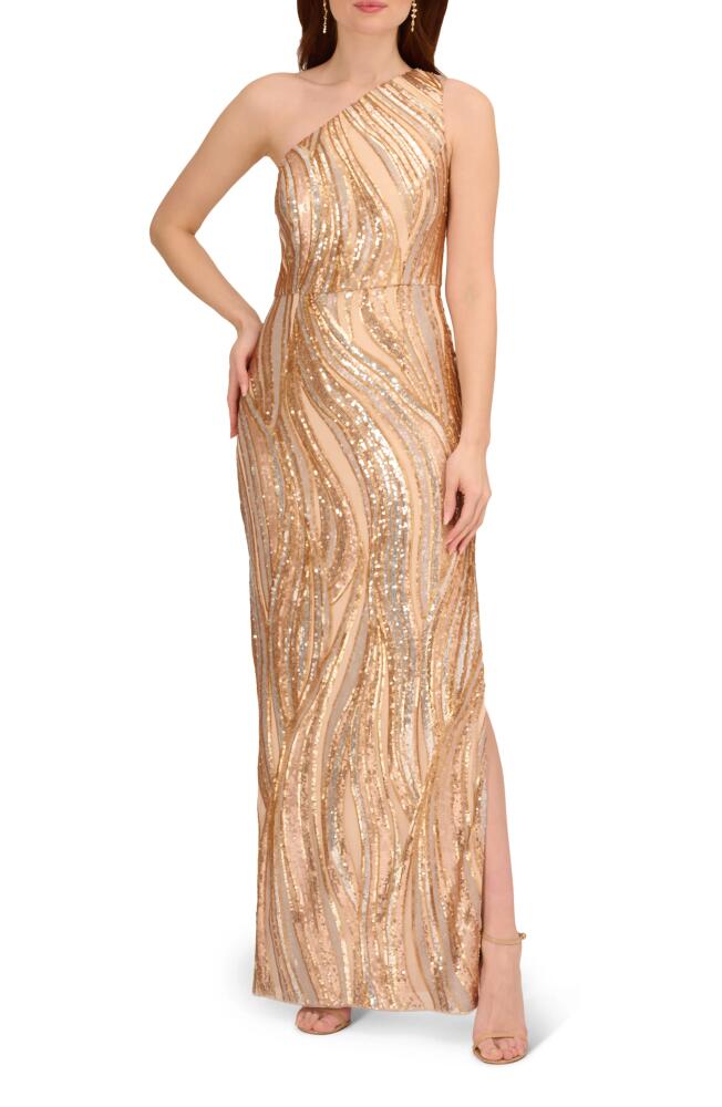 Adrianna Papell Sequin One-Shoulder Gown in Champagne/Gold Multi Cover