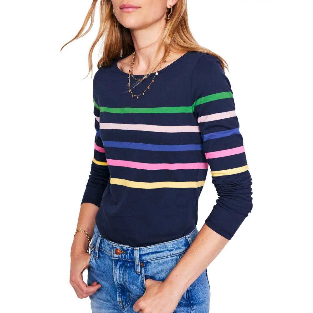 Boden Ella Breton Rainbow Stripe Cotton Top in French Navy Rainbow Cover