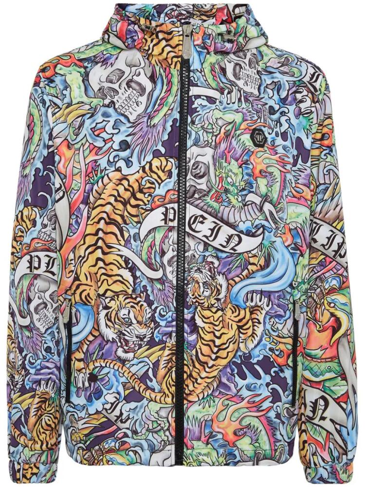 Philipp Plein tattoo-print hooded windbreaker jacket - Blue Cover