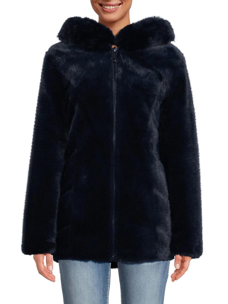 BELLE FARE Women's Faux Mink Hooded Zip Jacket - Navy Cover