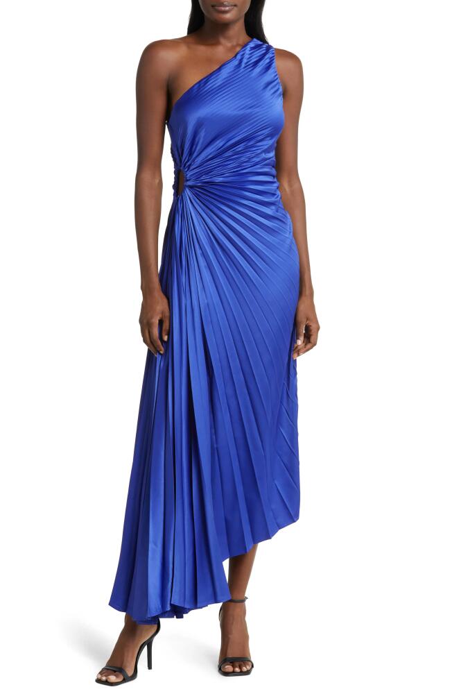 Socialite Print Asymmetric Hem Pleated Maxi Dress in Royal Blue Cover