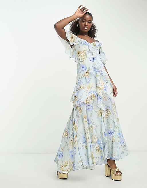 Ever New off shoulder maxi dress In blue floral Cover