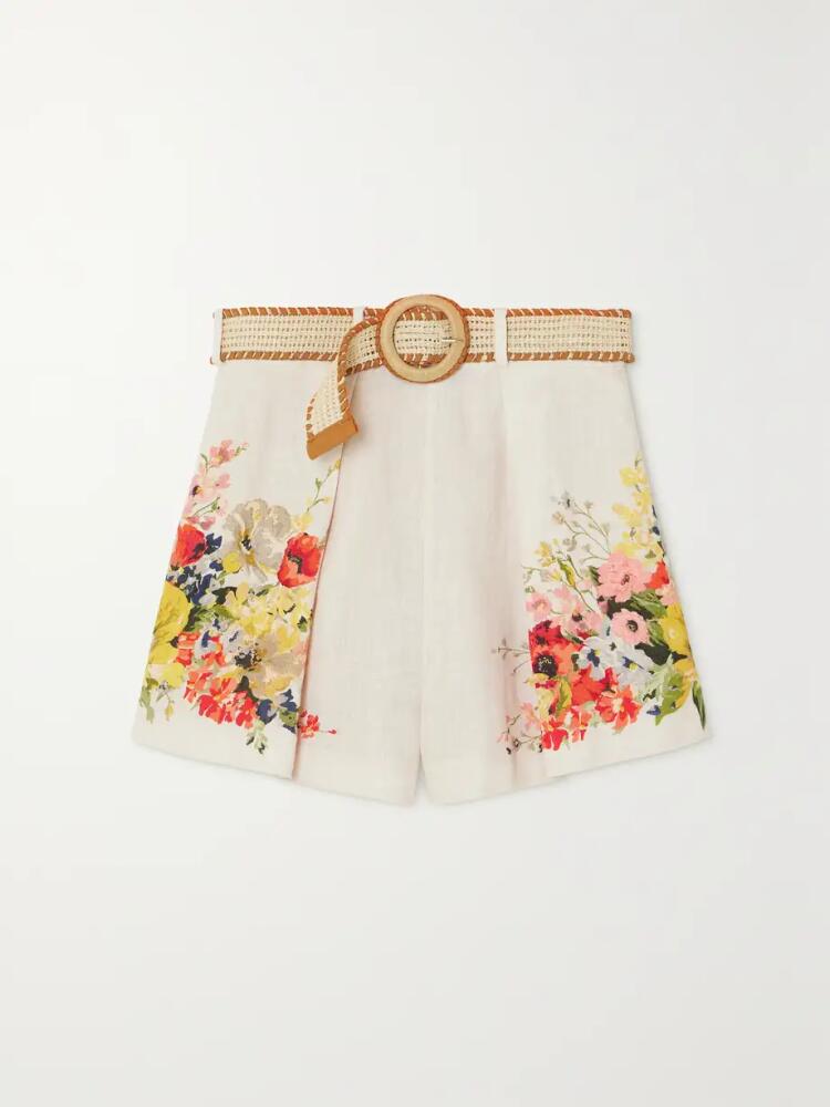 Zimmermann - + Net Sustain Alight Belted Pleated Floral-print Linen Shorts - Ivory Cover