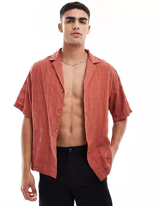 ASOS DESIGN oversized revere shirt in light weight texture in rust-Brown Cover