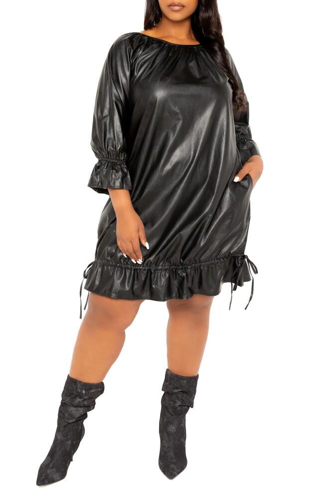 BUXOM COUTURE Drawstring Hem Faux Leather Shift Dress in Black Cover