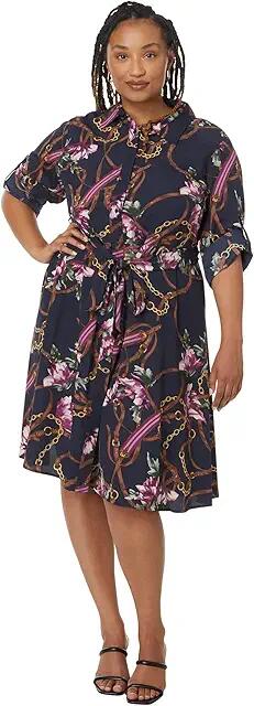 Lauren Ralph Lauren Plus Size Print Crepe Shirtdress (Navy Multi 1) Women's Clothing Cover