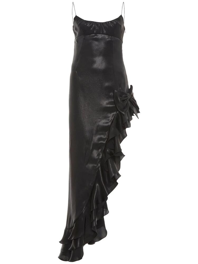 ALESSANDRA RICH Laminated Satin Long Dress W/side Ruffle Cover