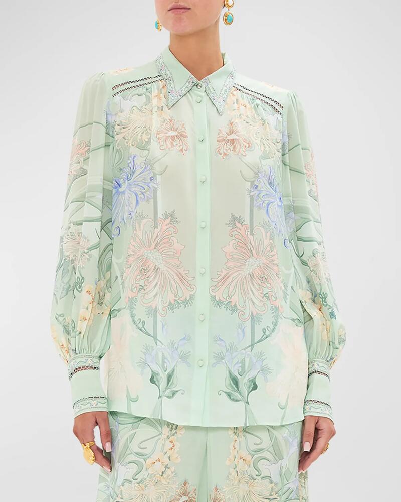 Camilla Floral Silk Button-Front Blouson-Sleeve Blouse Cover