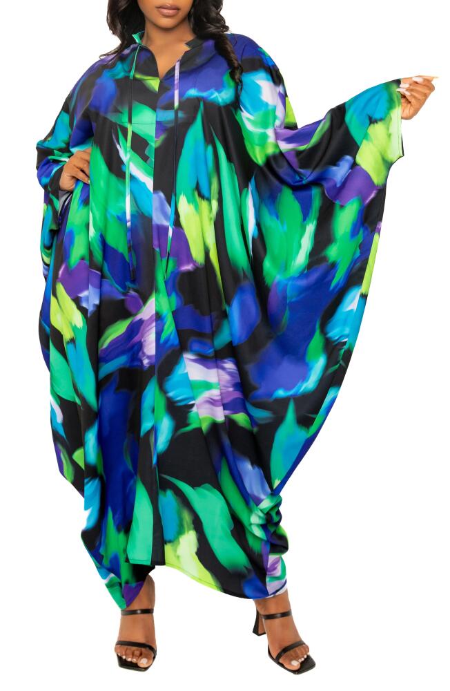 BUXOM COUTURE Abstract Print Long Sleeve Caftan in Blue Multi Cover