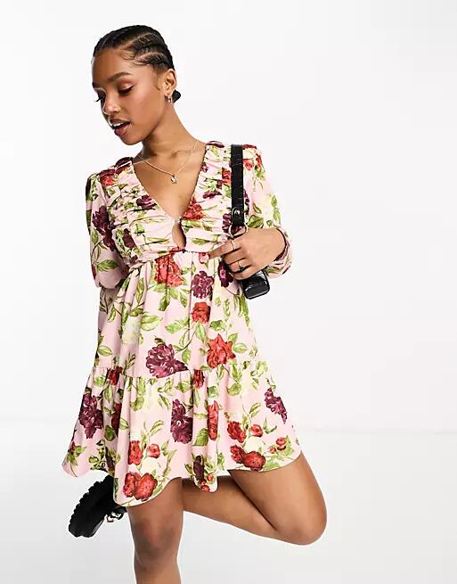 The Frolic rose garden floral print babydoll mini dress in dusty pink Cover