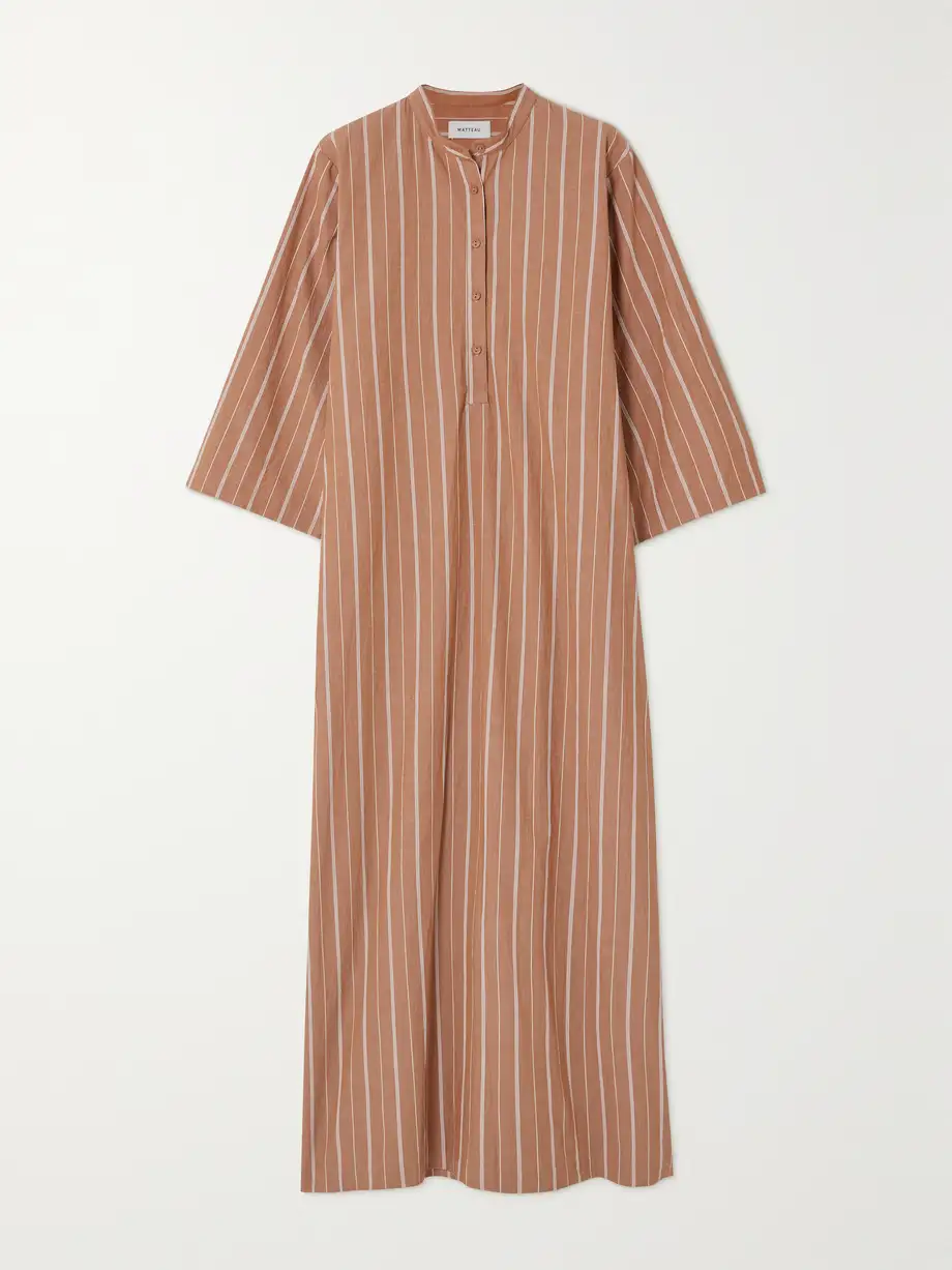 Matteau - + Net Sustain Striped Organic Cotton-blend Maxi Shirt Dress - Brown Cover