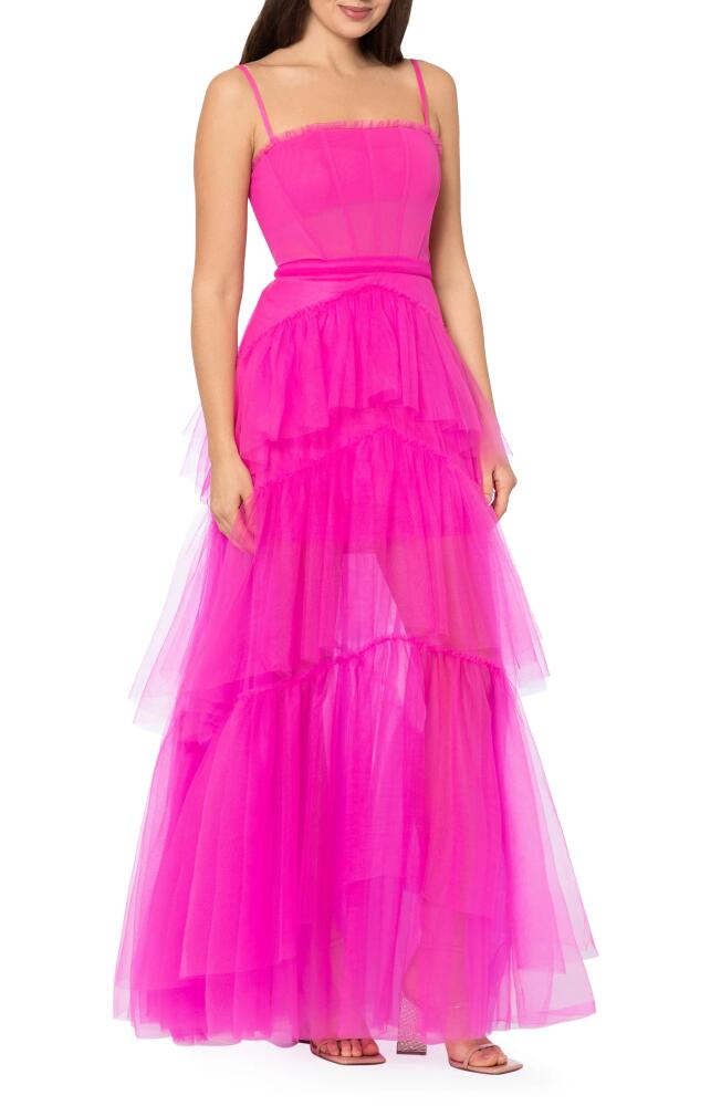 Betsy & Adam Tiered Tulle Ruffle Gown in Hot Pink Cover