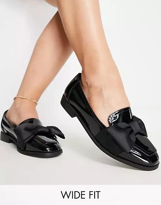 ASOS DESIGN Wide Fit Mentor bow loafer flat shoes in black patent Cover