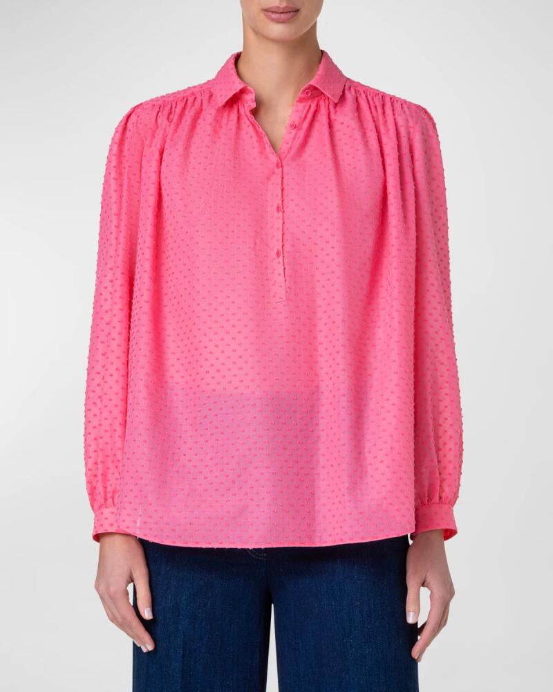 Akris punto Swiss Dot Techno Crepe Long-Sleeve Collared Blouse Cover