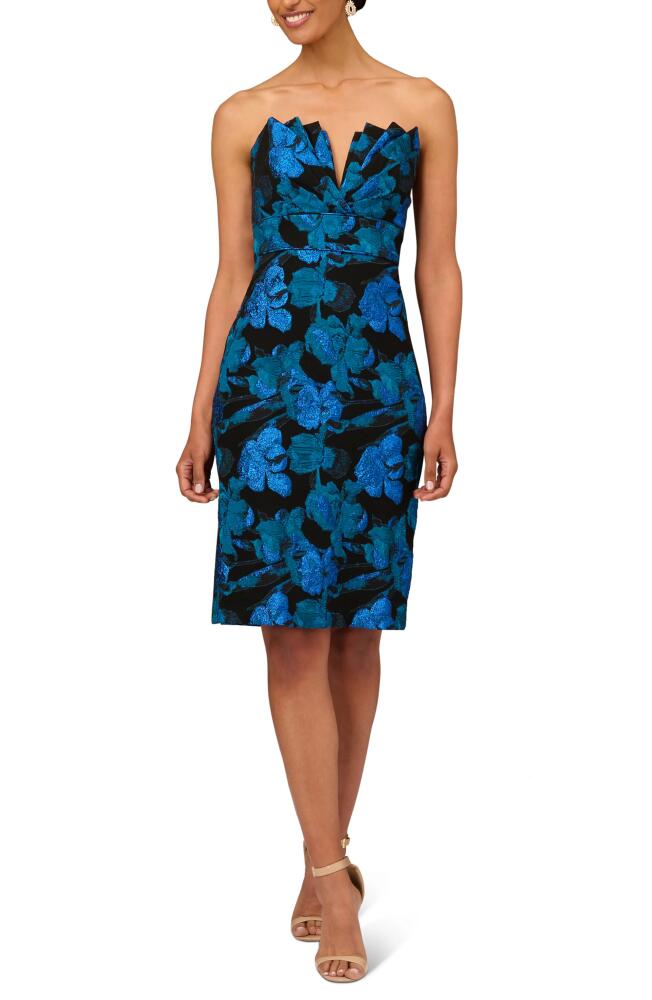 Aidan Mattox by Adrianna Papell Metallic Floral Print Strapless Cocktail Dress in Blue Multi Cover