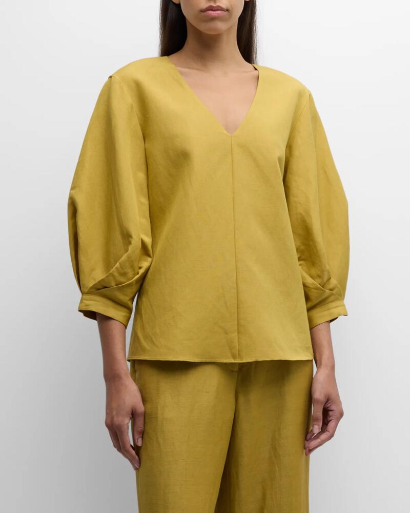 Lafayette 148 New York Pleated Blouson-Sleeve Silk-Linen Blouse Cover