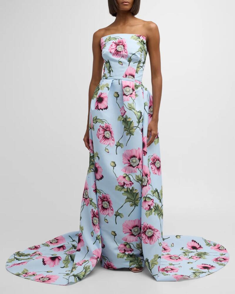 Oscar de la Renta Poppies Print Faille Gown with Draped Train Cover