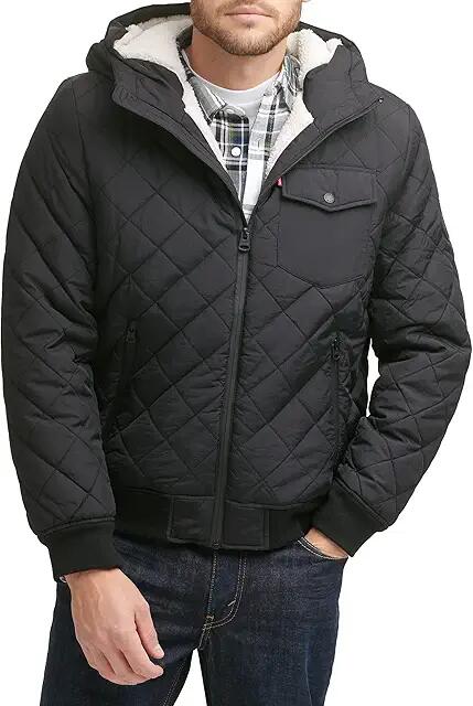 Levi's(r) Diamond Quilted Bomber with Sherpa Lined Hood (Black) Men's Clothing Cover