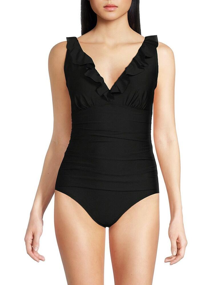 DKNY Women's Ruffled One Piece Swimsuit - Black Cover