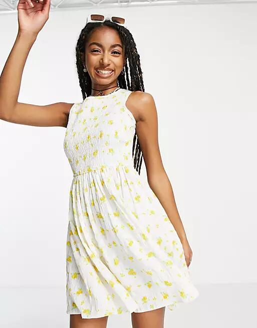 Daisy Street mini smock dress with shirring detail in white yellow ditsy floral Cover