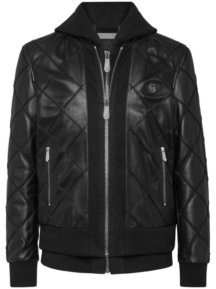 Philipp Plein layered leather hooded jacket - Black Cover