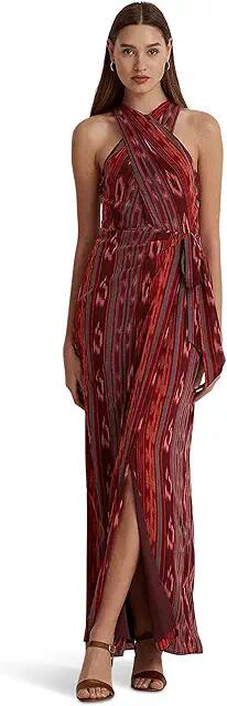 Lauren Ralph Lauren Geo-Striped Georgette Halter Gown (Fuchsia/Orange/Multi) Women's Dress Cover