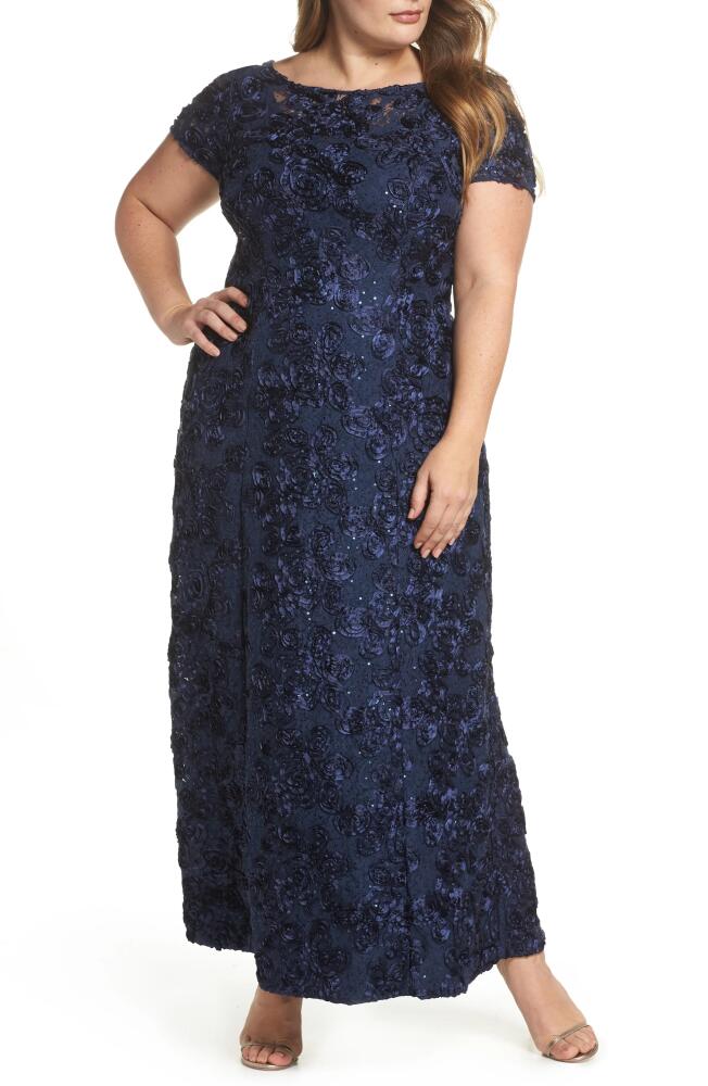 Alex Evenings Rosette Lace Short Sleeve A-Line Gown in Navy Cover