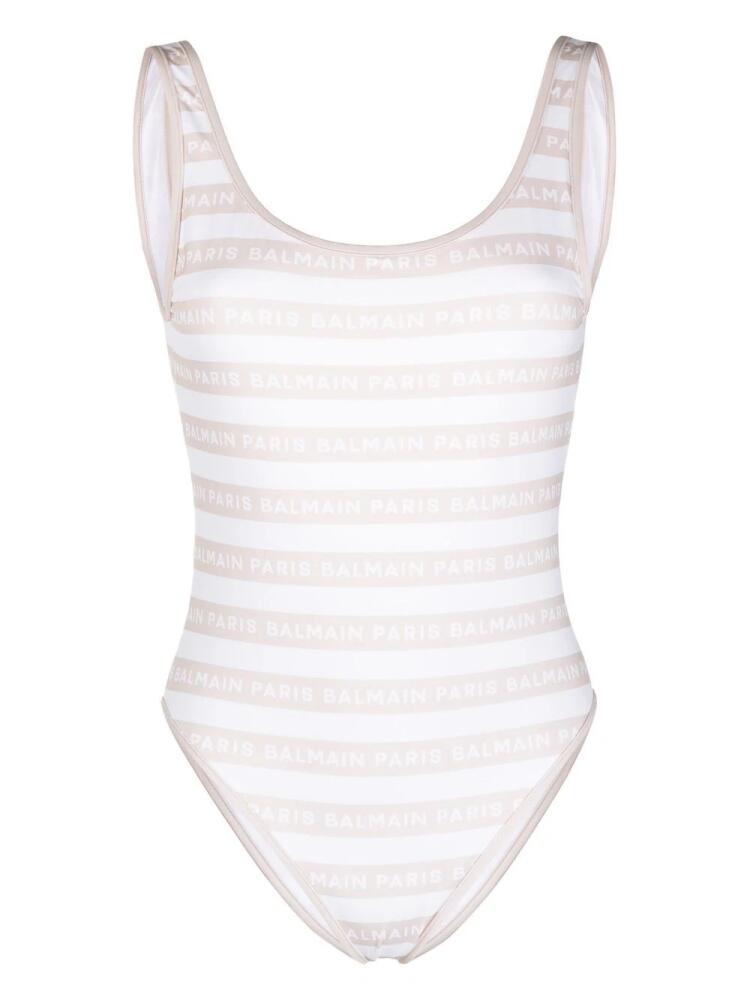 Balmain striped logo-print swimsuit - White Cover