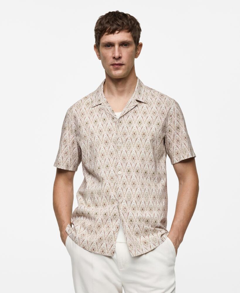 Mango Men's Bowling Collar Printed Flowing Shirt - Beige Cover