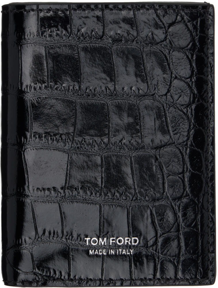 TOM FORD Black Shiny Printed Croc T Line Folding Wallet Cover