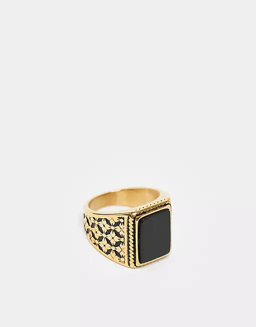 ASOS DESIGN waterproof stainless steel signet ring with black agate stone in gold tone Cover