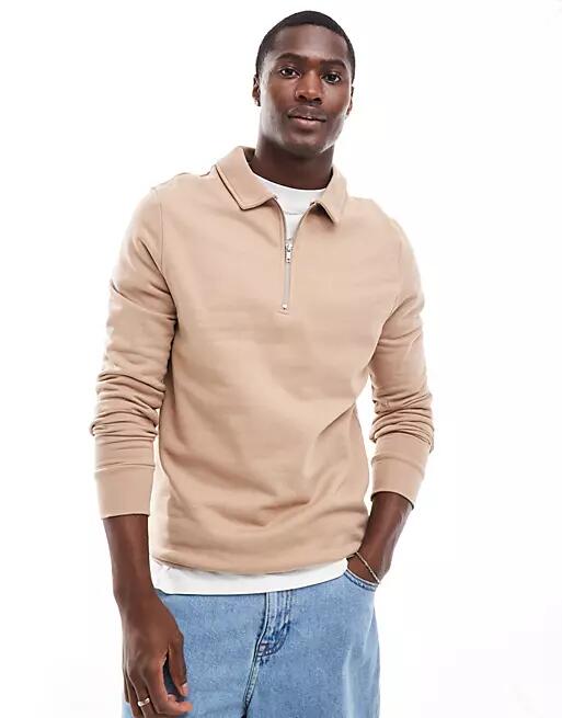 ASOS DESIGN polo sweatshirt with zip in beige-Neutral Cover