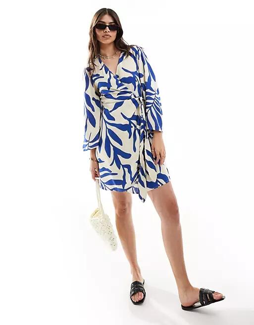 JDY wrap dress beige with blue palm print-Multi Cover