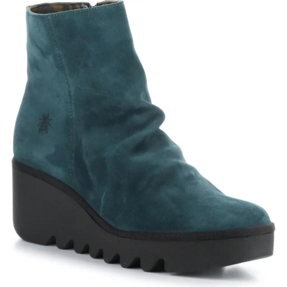 Fly London Baan Platform Wedge Bootie in 005 Petrol Oil Suede Cover