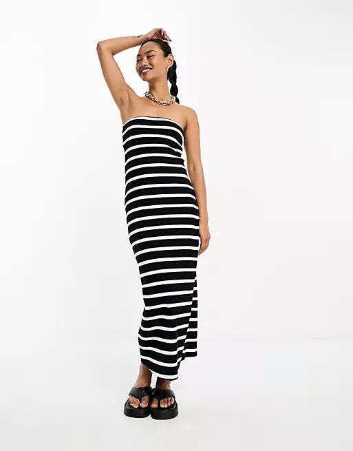 ASOS DESIGN bandeau bodycon midi dress in mono stripe-Multi Cover