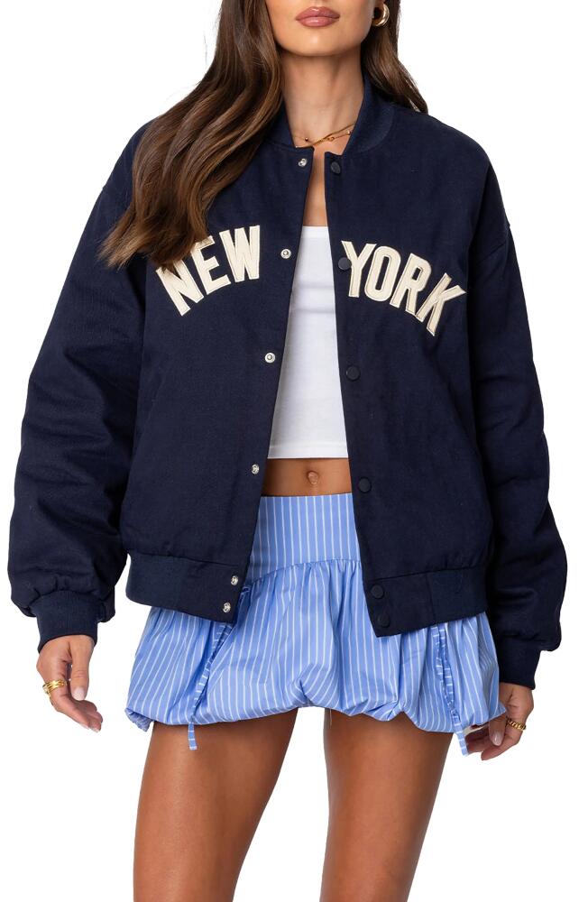 EDIKTED Big Apple Oversize Bomber Jacket in Navy Cover