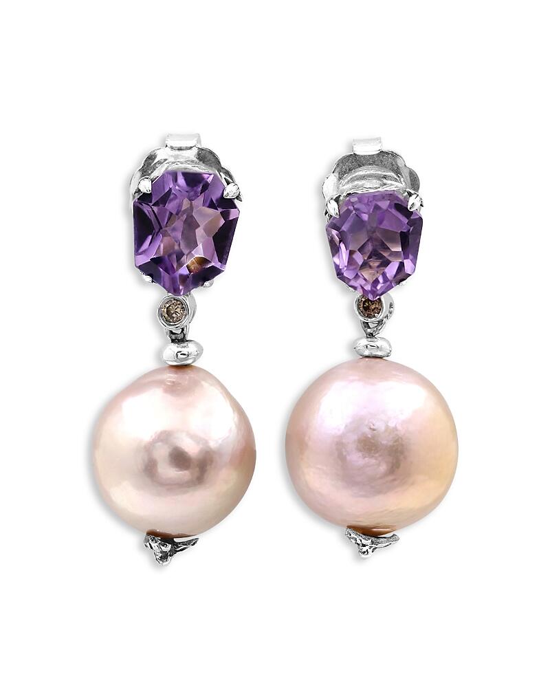 Stephen Dweck Sterling Silver Galactical Amethyst, Cultured Freshwater Baroque Pearl & Champagne Diamond Drop Earrings Cover