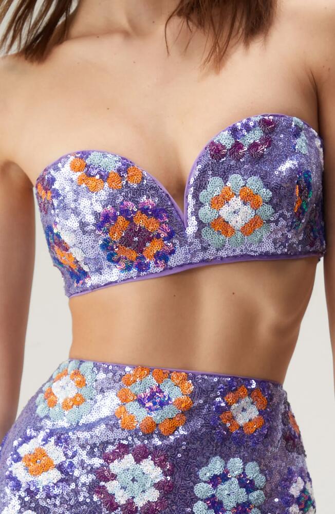 NASTY GAL '70s Floral Sequin Strapless Bralette Top in Purple Cover