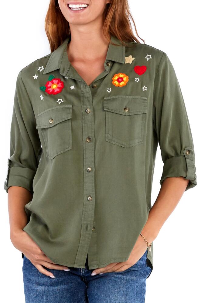 Billy T Birds of a Feather Embroidered Denim Button-Up Shirt in Soft Olive Cover