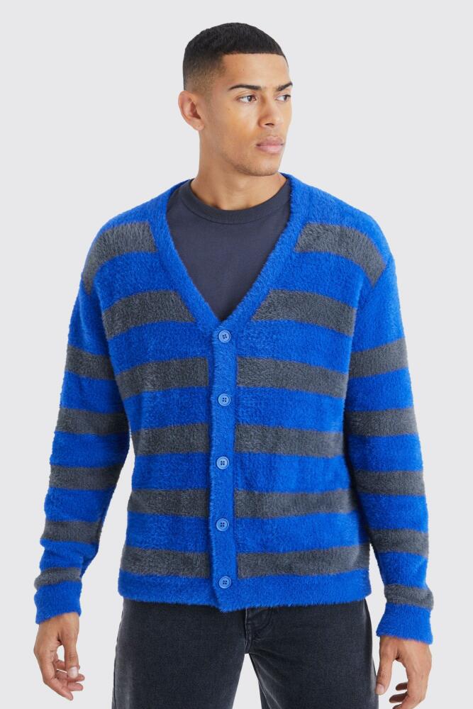 boohoo Mens Oversized Stripe Fluffy Cardigan - Blue Cover