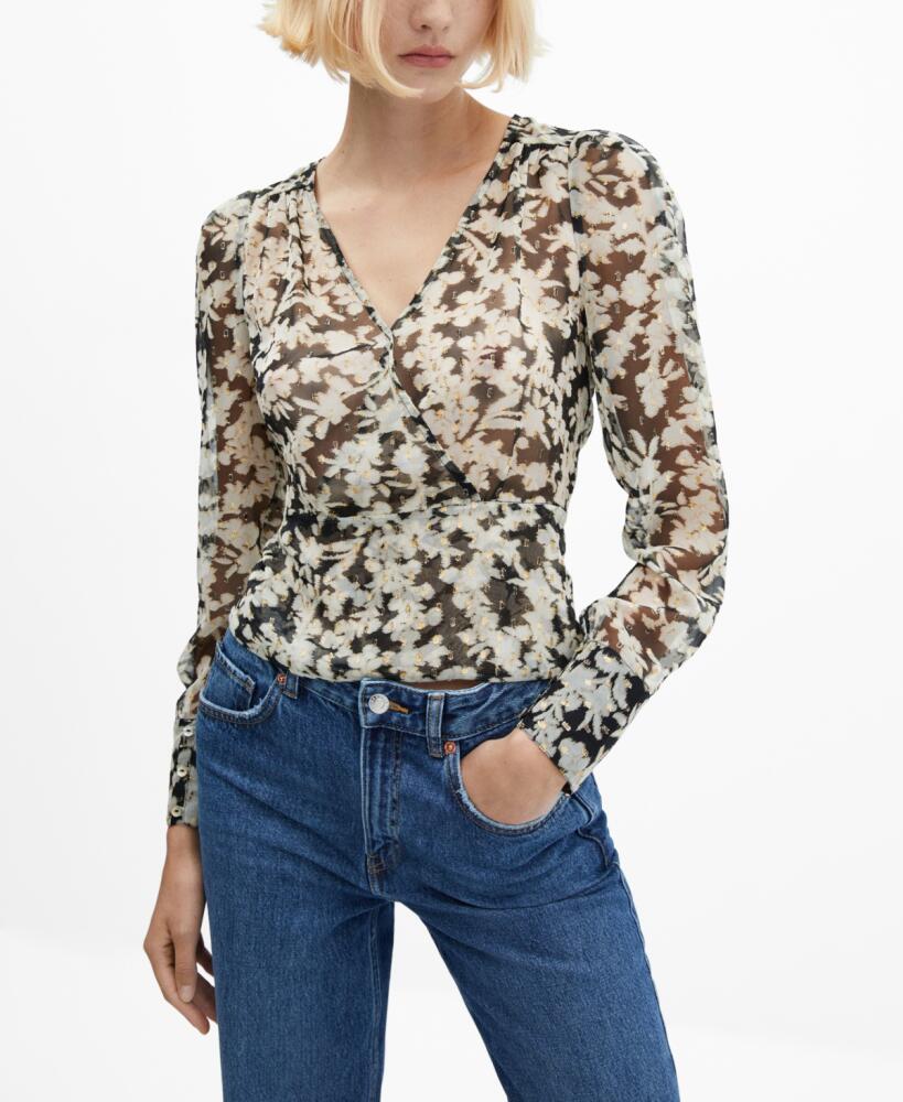 Mango Women's Semi-Transparent Floral Print Blouse - Sheer Black, Gray Cover