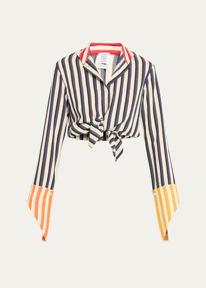 Rosie Assoulin Stripe Colorblock French Cuff Button Up Blouse Cover