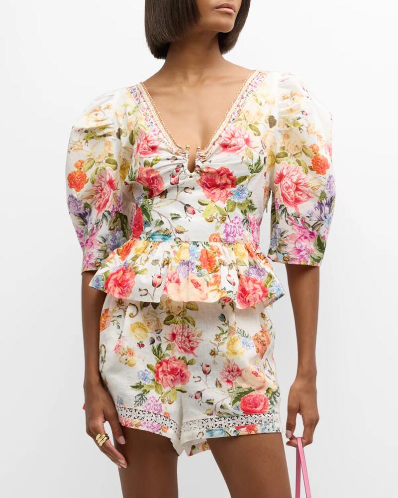 Camilla Puff-Sleeve Floral Cotton Top with Hardware Cover