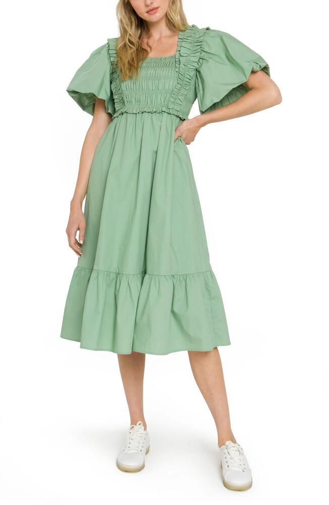 English Factory Ruffle Smocked Cotton Dress in Green Cover