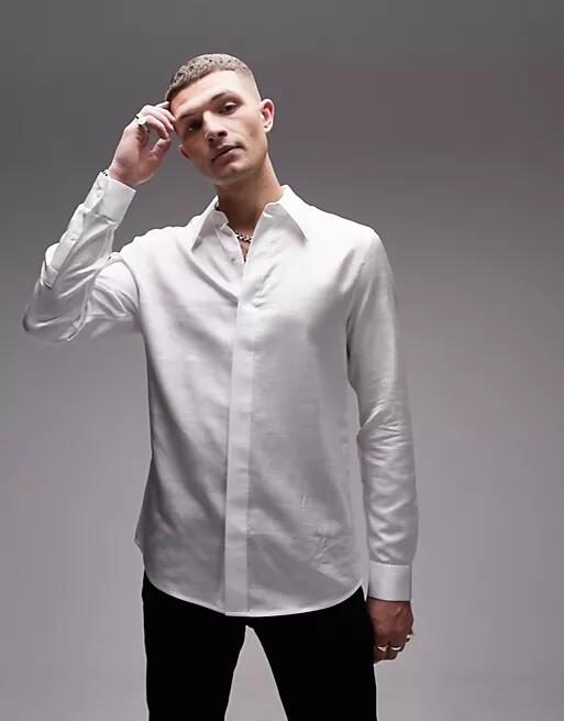 Topman long sleeve regular fit pointed collar tipped satin shirt-White Cover