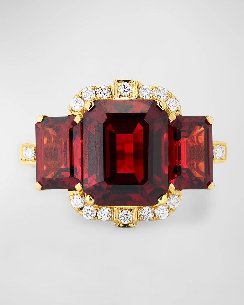 Goshwara Gossip 18K Yellow Gold 3 Stone Emerald Cut Garnet Ring with Diamonds Cover