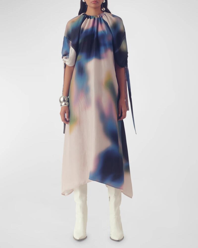 LOVEBIRDS Hydrangea Blouson-Sleeve Silk Midi Dress Cover