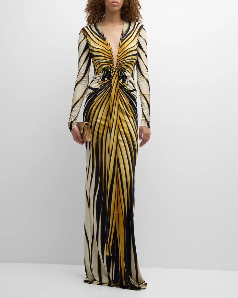 Roberto Cavalli Long Printed Knot-Front Gown Cover