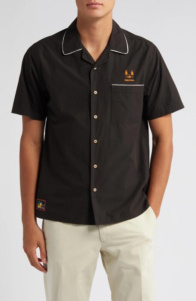 Percival Percico Citrus Embroidered Short Sleeve Cotton Graphic Bowling Shirt in Black Cover